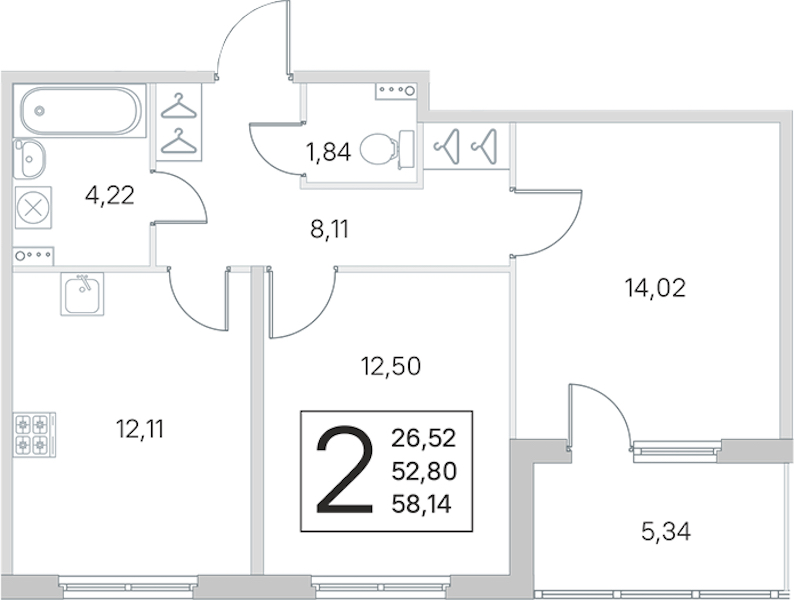 2-комнатная квартира 52.8 м², 2/4 эт., ЖК «Любоград в Стрельне»